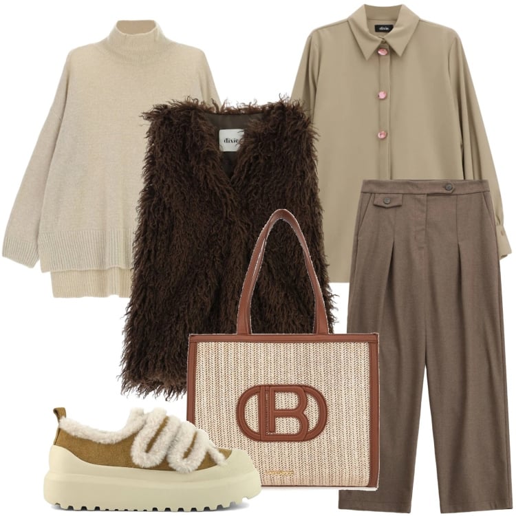 Outfit donna - Febbraio a strati. Stile Trendy per Tutti i giorni. Abbinamento con maglieria, gilet, camicie, pantaloni, sneakers, borse a spalla.
