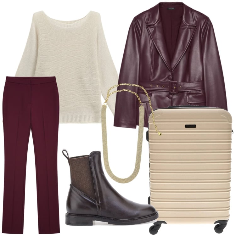 Outfit donna - Weekend di classe. Stile Casual chic per Tutti i giorni. Abbinamento con blazer, maglieria, pantaloni, cinture, valigie, stivaletti chelsea.