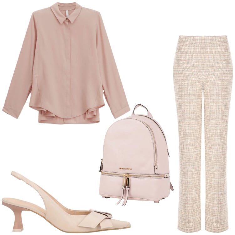 Outfit donna - Elegante e glamour in ufficio. Stile Glamour per Ufficio. Abbinamento con décolleté, zaini, camicie, pantaloni a palazzo.