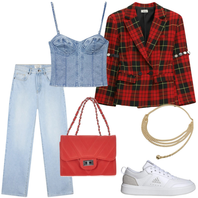 Outfit donna - Total look #2338335. Stile Basic per Tutti i giorni. Abbinamento con top, jeans dritti, blazer, collane, borse a tracolla, sneakers.