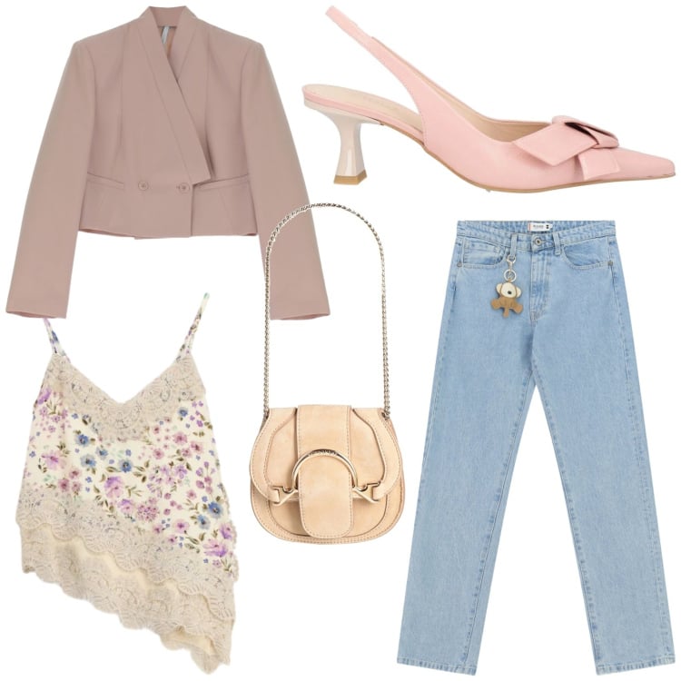 Outfit donna - Romantica e femminile in jeans. Stile Glamour per Tutti i giorni. Abbinamento con décolleté, marsupi, jeans dritti, blazer, top.