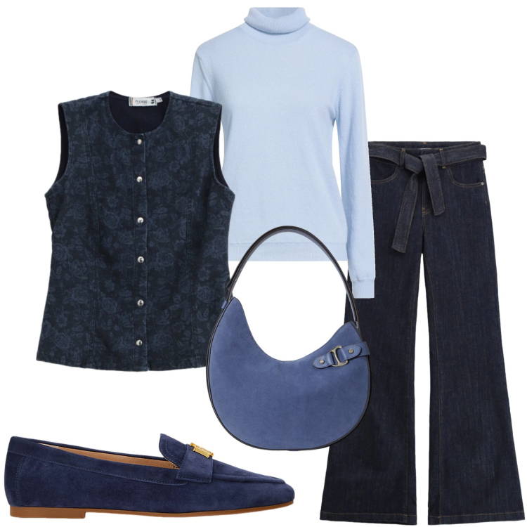 Outfit donna - Denim style. Stile Casual chic per Ufficio. Abbinamento con maglieria, jeans a zampa, gilet, mocassini, borse a spalla.