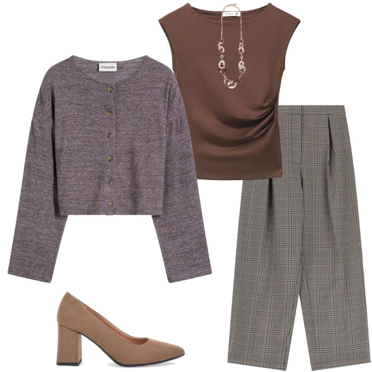 Outfit donna - In ufficio. Stile Casual chic per Ufficio. Abbinamento con cardigans, collane, t-shirt, pantaloni, décolleté.