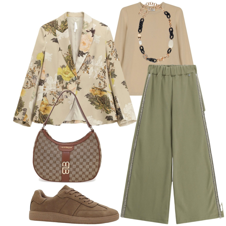 Outfit donna - Total look #2338356. Stile Casual chic per Tutti i giorni. Abbinamento con sneakers, blazer, collane, pantaloni a palazzo, t-shirt, borse a spalla.