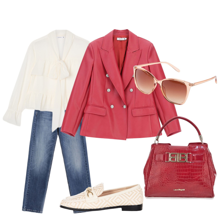 Outfit donna - Camicia col fiocco. Stile Casual chic per Tutti i giorni. Abbinamento con occhiali da sole, camicie, jeans, blazer, mocassini, borse a mano.