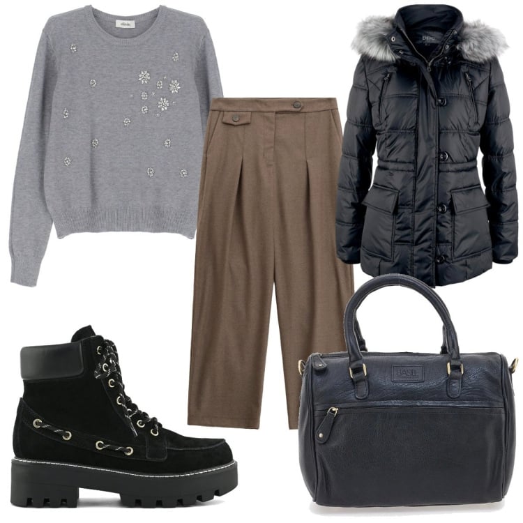 Outfit donna - Total look #2338358. Stile Basic per Tutti i giorni. Abbinamento con giacche, maglieria, pantaloni, stivaletti, borse a tracolla.