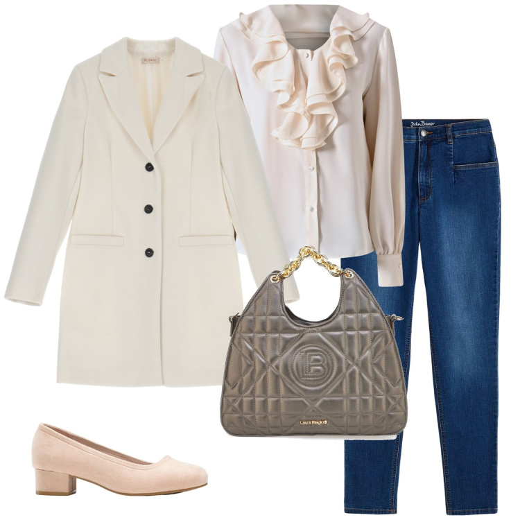 Outfit donna - Total look #2338359. Stile Casual chic per Tutti i giorni. Abbinamento con jeans mom, décolleté, cappotti, bluse, borse a mano.