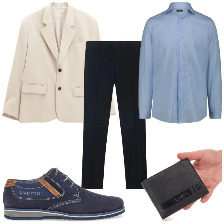 Outfit uomo - Un caffè la domenica. Stile Casual per Tutti i giorni. Abbinamento con giacche, scarpe stringate, camicie, portafogli, pantaloni.
