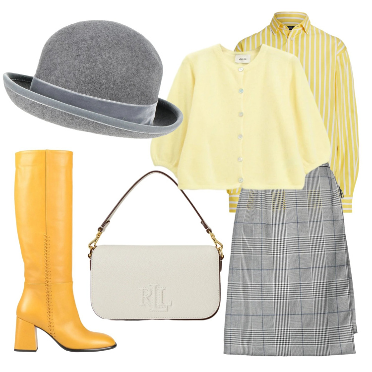 Outfit donna - Bombetta e stivali. Stile Bon Ton per Tutti i giorni. Abbinamento con stivali, cappelli, minigonne, cardigans, camicie, borse a spalla.