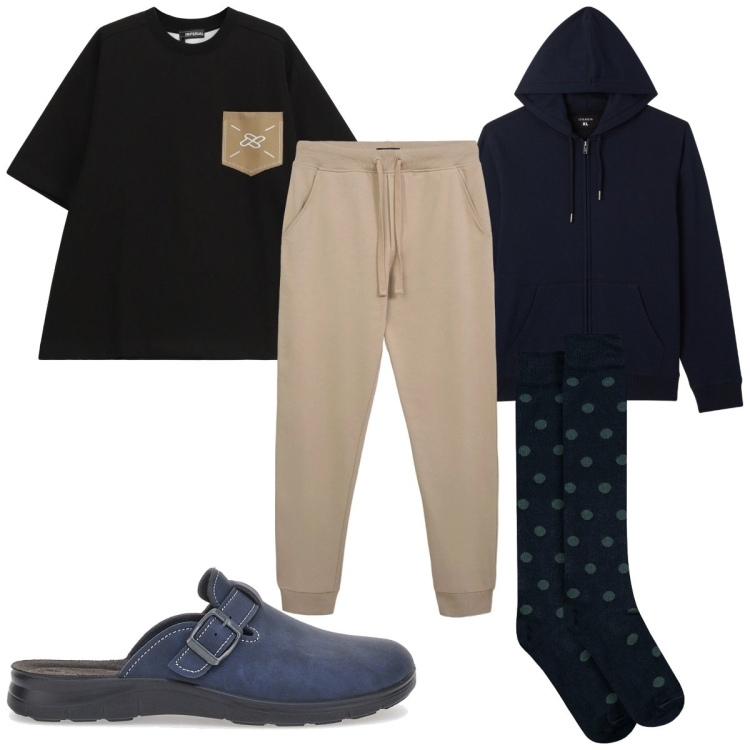 Outfit uomo - Weekend a casa. Stile Casual per Tutti i giorni. Abbinamento con felpe, felpe con cappuccio, pantaloni, calzini, pantofole.