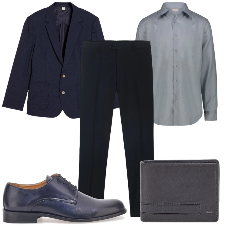 Outfit uomo - Tonalità fredde: grigio e blu. Stile Casual per Ufficio. Abbinamento con giacche, scarpe stringate, camicie, portafogli, pantaloni.