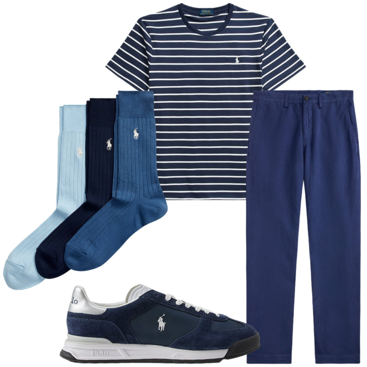 Outfit uomo - Total look #2338365. Stile Trendy per Tutti i giorni. Abbinamento con calzini, sneakers, t-shirt, pantaloni.