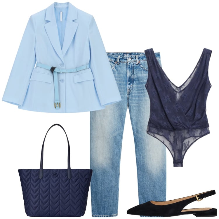 Outfit donna - Total look #2338368. Stile Casual chic per Tutti i giorni. Abbinamento con top, blazer, borse tote, jeans, ballerine.