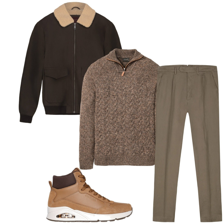 Outfit uomo - Total look #2338369. Stile Trendy per Ufficio. Abbinamento con maglieria, bomber, sneakers alte, pantaloni.