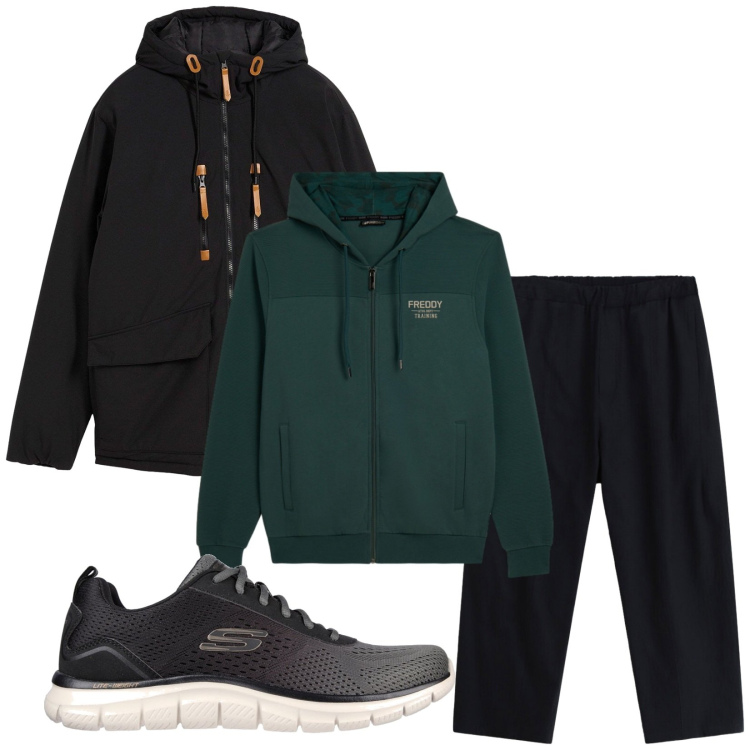 Outfit uomo - Total look #2338381. Stile Casual per Tutti i giorni. Abbinamento con piumini, pantaloni, felpe con cappuccio, sneakers.