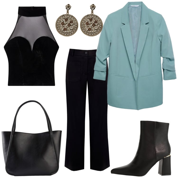 Outfit donna - Total look #2338384. Stile Glamour per Serata fuori. Abbinamento con shopping bag, blazer, top, pantaloni, stivaletti, orecchini.