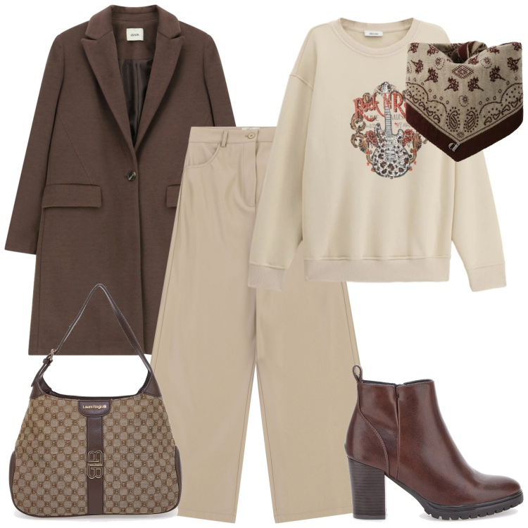 Outfit donna - Total look #2338387. Stile Urban per Ufficio. Abbinamento con cappotti, foulard, pantaloni a palazzo, felpe, stivaletti, borse a spalla.