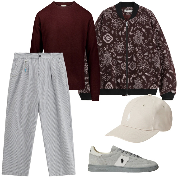 Outfit uomo - Ti passo a prendere. Stile Trendy per Tutti i giorni. Abbinamento con bomber, pantaloni, cappelli, sneakers, maglieria.