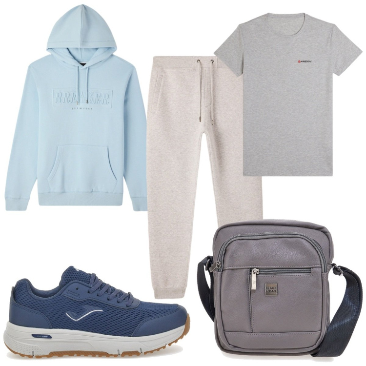 Outfit uomo - Tonalità fredde in palestra. Stile Trendy per Sport. Abbinamento con pantaloni, felpe con cappuccio, t-shirt sportive, sneakers, borse sportive.