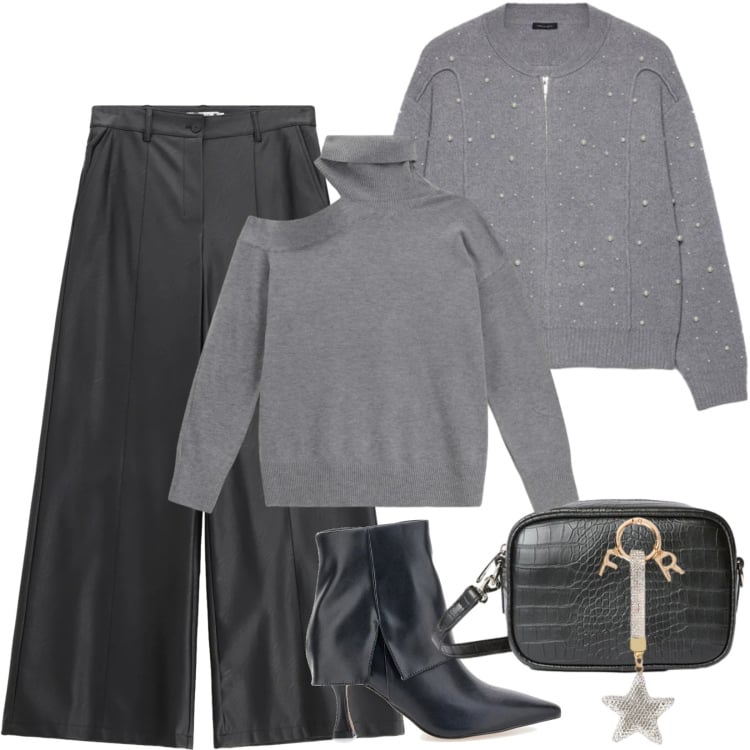 Outfit donna - Pantaloni a gamba larga in similpelle. Stile Casual per Ufficio. Abbinamento con portachiavi, borse a tracolla, cardigans, pantaloni, maglieria, stivaletti.