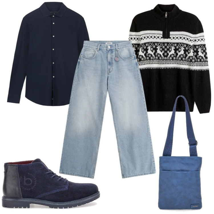 Outfit uomo - Serata in jeans. Stile Casual per Serata speciale. Abbinamento con maglieria, jeans, portafogli, scarpe stringate, camicie.