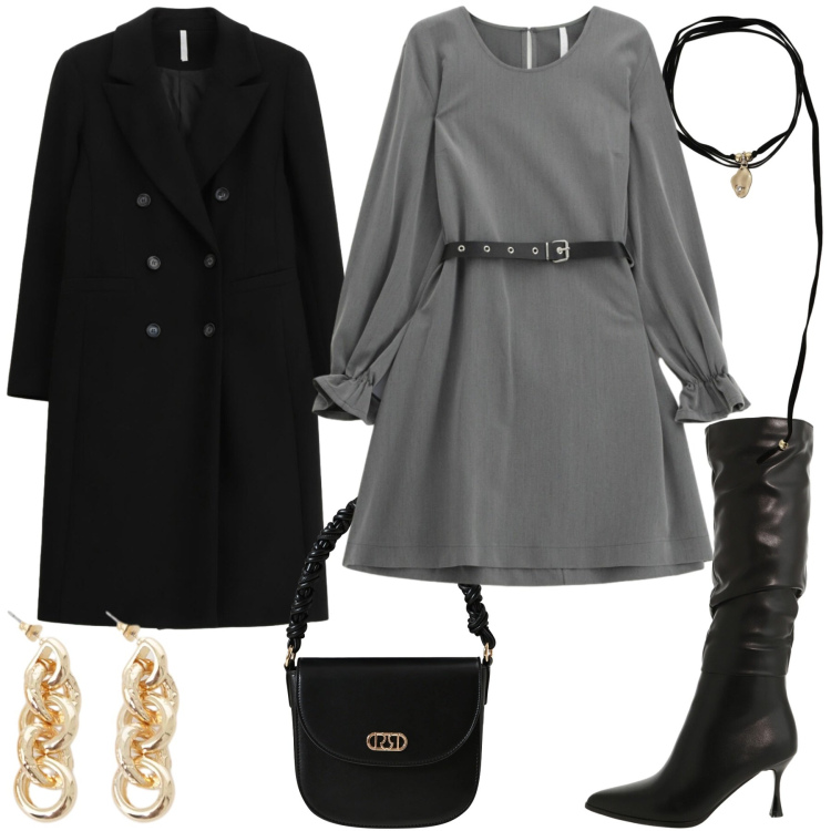 Outfit donna - Total look #2338399. Stile Chic per Serata fuori. Abbinamento con vestiti corti, stivali sopra il ginocchio, cappotti, orecchini, collane, borse a mano.