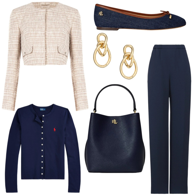 Outfit donna - Spring jacket. Stile Chic per Tutti i giorni. Abbinamento con pantaloni, blazer, cardigans, borse a secchiello, ballerine, orecchini.