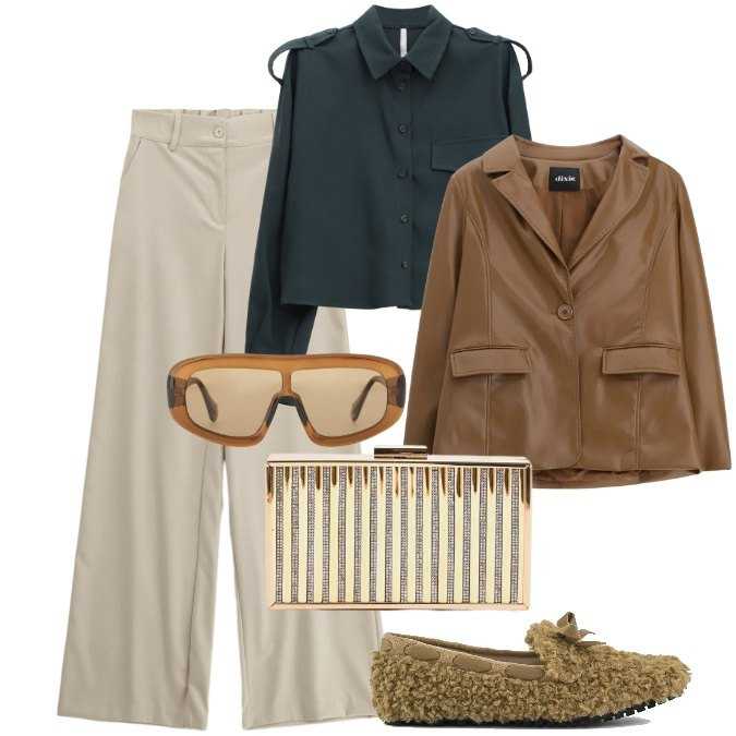 Outfit donna - Unconventional. Stile Trendy per Serata fuori. Abbinamento con camicie, occhiali da sole, pantaloni a palazzo, blazer, clutch, mocassini.