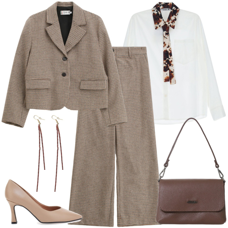 Outfit donna - Ufficio - Evento. Stile Mannish per Ufficio. Abbinamento con borse a tracolla, orecchini, blazer, pantaloni a palazzo, camicie, décolleté.
