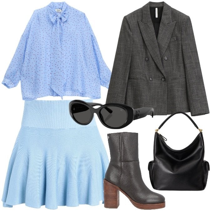 Outfit donna - Street style. Stile Trendy per Tutti i giorni. Abbinamento con stivaletti, minigonne, blazer, camicie, occhiali da sole, borse a spalla.