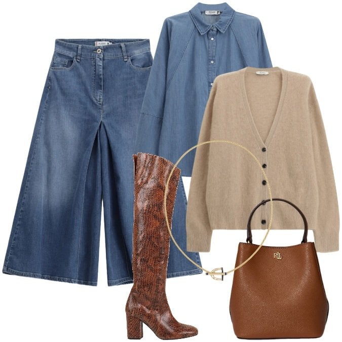 Outfit donna - Gonna pantalone in denim. Stile Trendy per Tutti i giorni. Abbinamento con stivali sopra il ginocchio, cardigans, jeans, camicie, borse a secchiello, ciondoli.