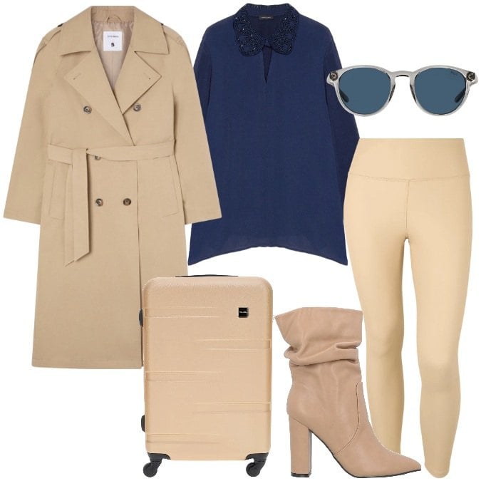Outfit donna - Last minute. Stile Urban per Tutti i giorni. Abbinamento con stivaletti, trench, leggings sportivo, occhiali da sole, t-shirt, valigie.