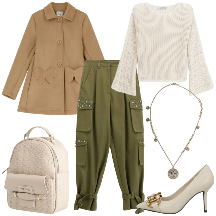 Outfit donna - Romantic Glam. Stile Glamour per Tutti i giorni. Abbinamento con décolleté, zaini, pantaloni cargo, cappotti, ciondoli, maglieria.
