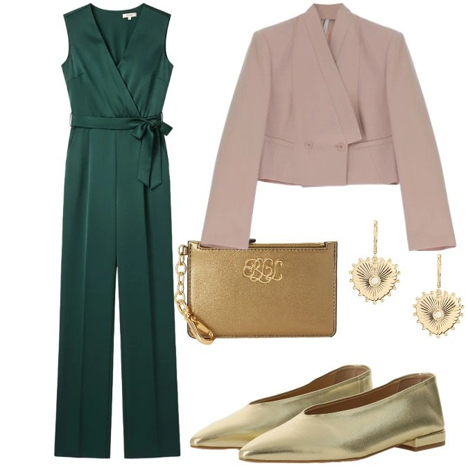 Outfit donna - Cerimonia. Stile Bon Ton per Cerimonia. Abbinamento con blazer, ballerine, tute, orecchini, portafogli.