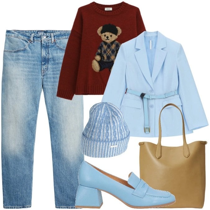Outfit donna - ORsetto tenero. Stile Urban per Tutti i giorni. Abbinamento con mocassini, cappelli, blazer, borse tote, jeans, maglieria.