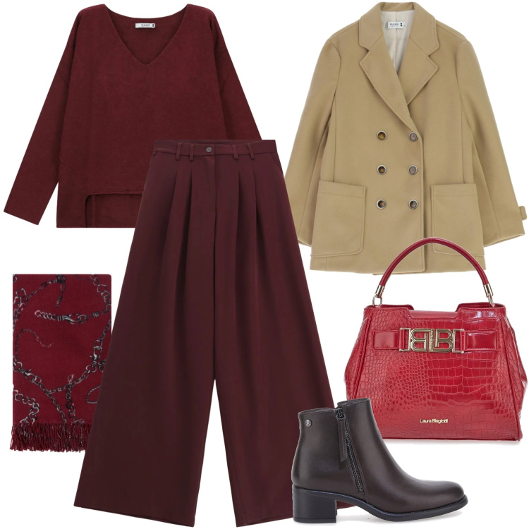 Outfit donna - In città. Stile Urban per Ufficio. Abbinamento con pantaloni, maglieria, blazer, stivaletti, borse a mano, sciarpe.