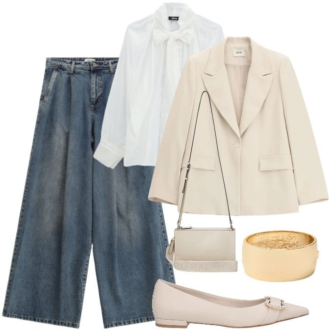 Outfit donna - Jeans blazer e ballerine. Stile Casual chic per Tutti i giorni. Abbinamento con ballerine, borse a tracolla, braccialetti, jeans, blazer, bluse.