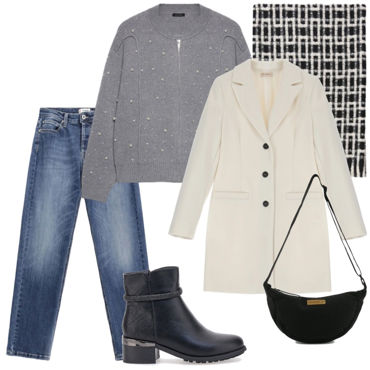 Outfit donna - Total look #2338417. Stile Glamour per Ufficio. Abbinamento con cardigans, sciarpe, cappotti, jeans, borse a tracolla, stivaletti.