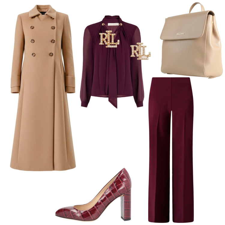 Outfit donna - Total look #2338420. Stile Casual chic per Tutti i giorni. Abbinamento con décolleté, zaini, bluse, pantaloni a palazzo, cappotti, orecchini.