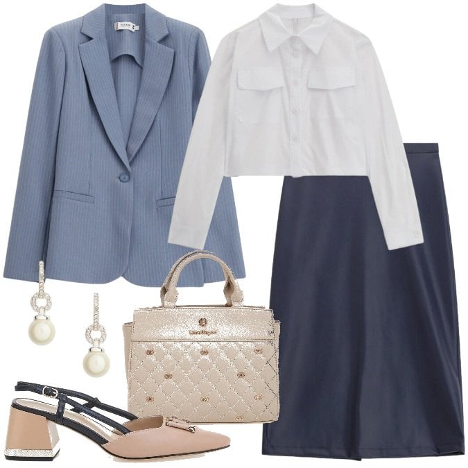 Outfit donna - Colloquio di lavoro. Stile Bon Ton per Ufficio. Abbinamento con camicie, gonne longuette, blazer, orecchini, borse a mano, décolleté.