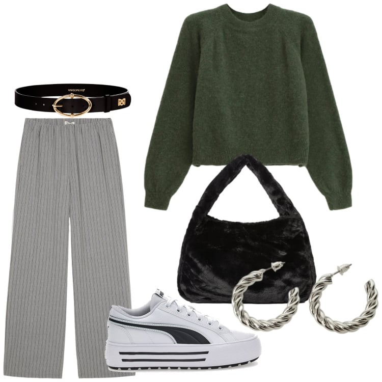 Outfit donna - Total look #2338423. Stile Basic per Tutti i giorni. Abbinamento con pantaloni, borse a spalla, maglieria, orecchini, cinture, sneakers.