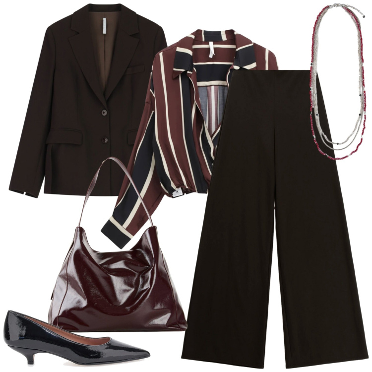 Outfit donna - Ufficio - Serata. Stile Casual chic per Serata fuori. Abbinamento con shopping bag, blazer, camicie, pantaloni a palazzo, collane, décolleté.