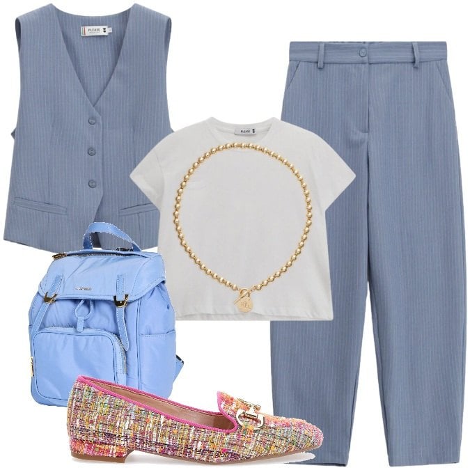 Outfit donna - Mannish con gilet. Stile Mannish per Tutti i giorni. Abbinamento con zaini, pantaloni, gilet, t-shirt, collane, mocassini.