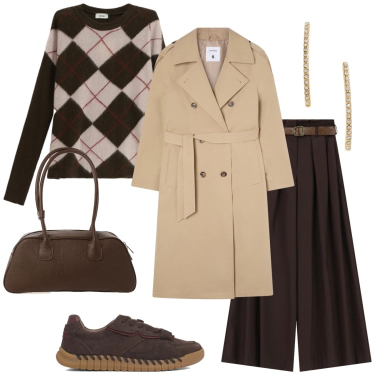 Outfit donna - Total look #2338426. Stile Minimal per Tutti i giorni. Abbinamento con trench, orecchini, pantaloni a palazzo, maglieria, borse a mano, sneakers.
