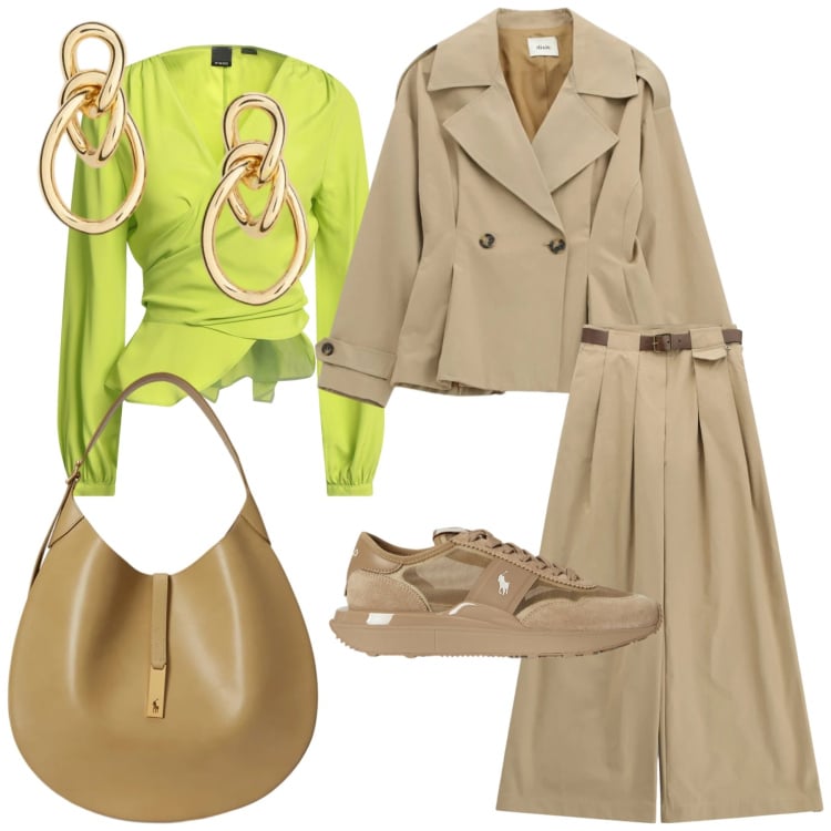Outfit donna - Beige. Stile Casual chic per Tutti i giorni. Abbinamento con top, blazer, pantaloni a palazzo, orecchini, borse a spalla, sneakers.