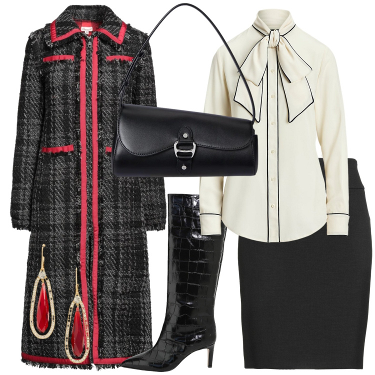 Outfit donna - Camicia con fiocco.. Stile Chic per Tutti i giorni. Abbinamento con cappotti, minigonne, stivali, camicie, borse a spalla, orecchini.