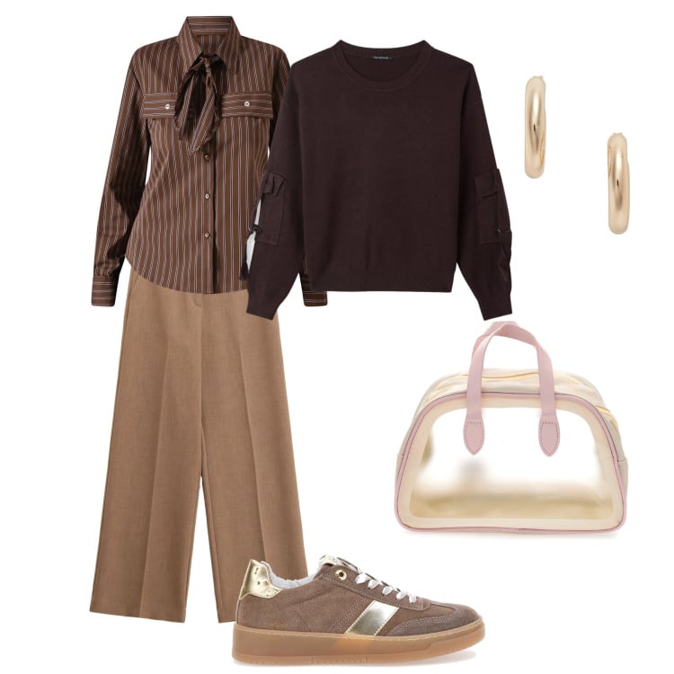 Outfit donna - Viaggio in macchina. Stile Basic per Tutti i giorni. Abbinamento con maglieria, pantaloni, camicie, orecchini, sneakers, valigie.