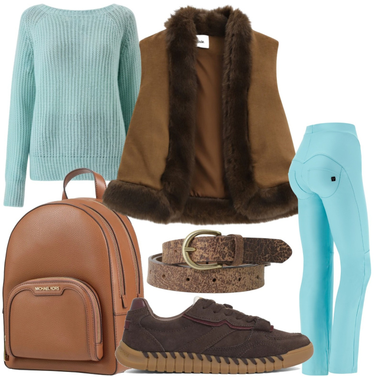 Outfit donna - Il caldo gilet. Stile Basic per Tutti i giorni. Abbinamento con zaini, maglieria, cinture, gilet, pantaloni, sneakers.