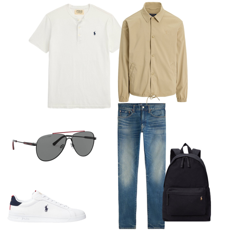 Outfit uomo - Casual dinamico. Stile Urban per Tutti i giorni. Abbinamento con sneakers, borse sportive, jeans, giacche sportive, t-shirt, occhiali da sole.
