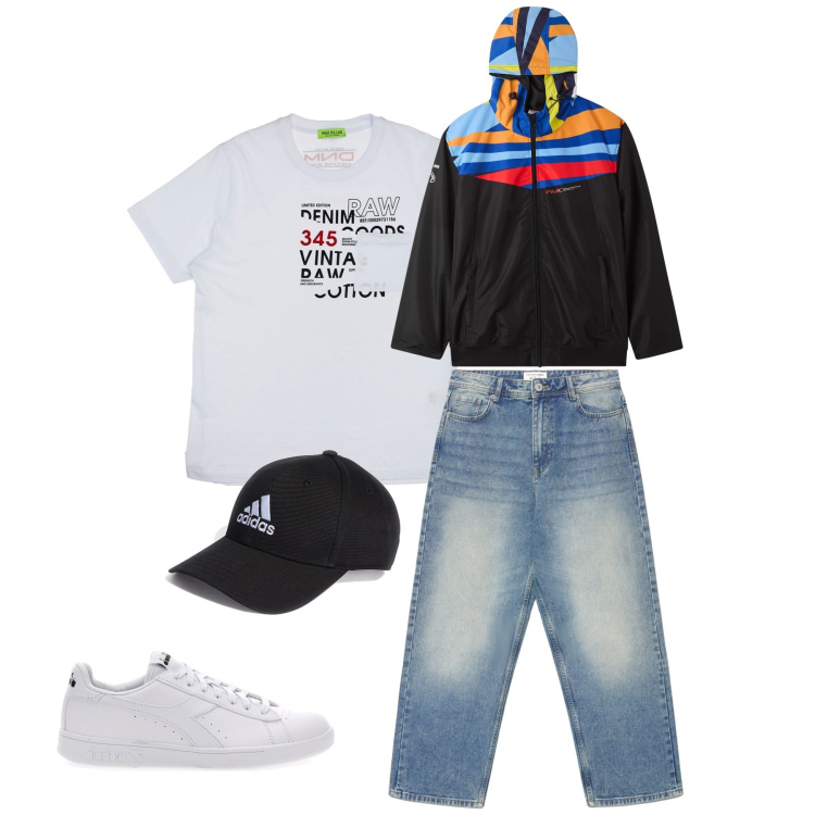 Outfit uomo - Streetwear Urbano. Stile Urban per Tutti i giorni. Abbinamento con jeans dritti, giacche sportive, t-shirt, cappelli con visiera, sneakers.